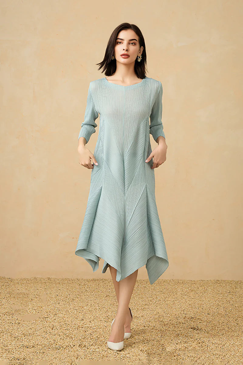 Pleated Long-Sleeve Midi Dress with Tulip Hem