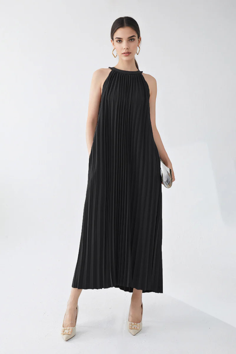 Designer Inspired Pleated Flowy Halter-Neck Midi Dress in Black
