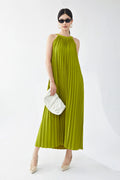 Designer Inspired Pleated Flowy Halter-Neck Midi Dress in Lime Green