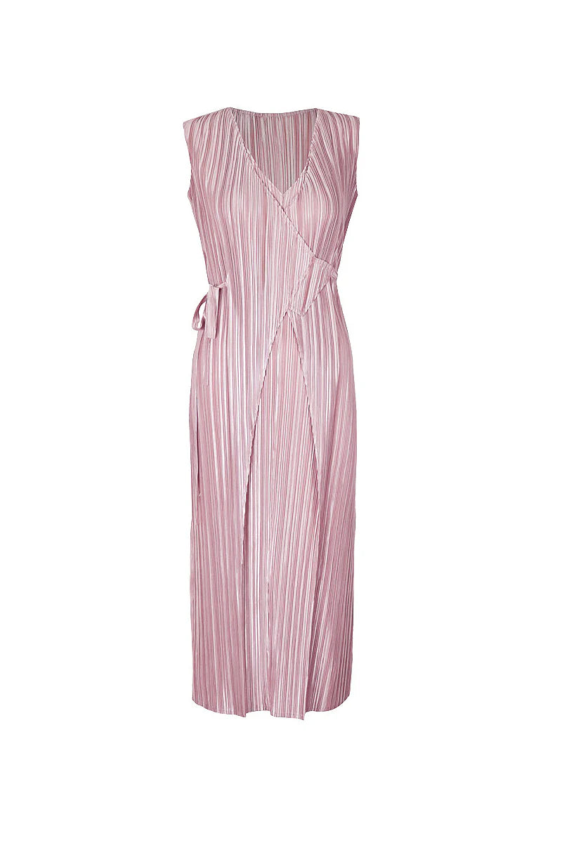 Designer Inspired Pleated Sleeveless Wrap Midi Dress in Pink
