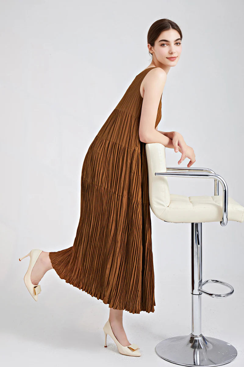 Designer Inspired Pleated Flowy Sleeveless Midi Dress