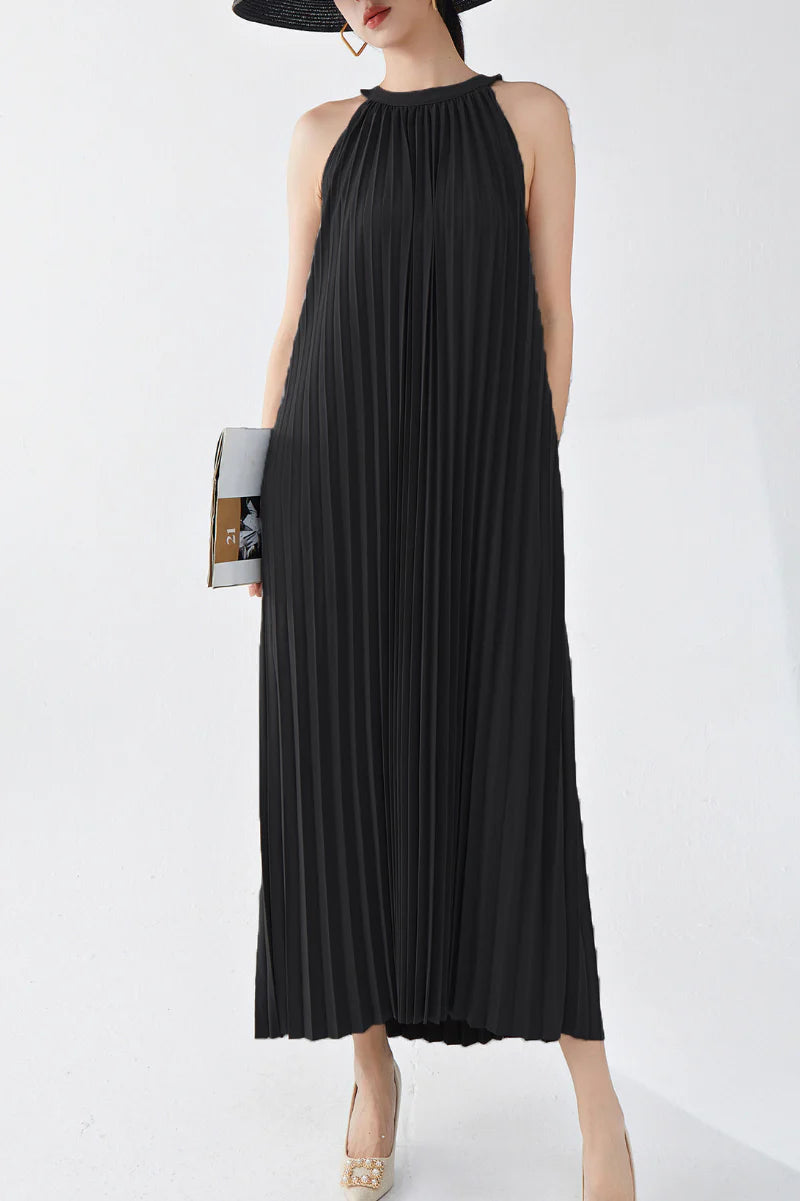 Designer Inspired Pleated Flowy Halter-Neck Midi Dress in Black