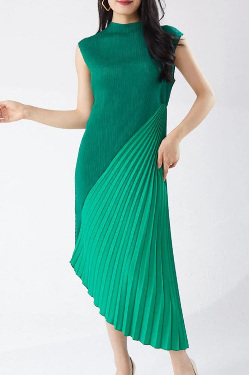 Designer Inspired Pleated Asymmetrical Sleeveless Midi Dress