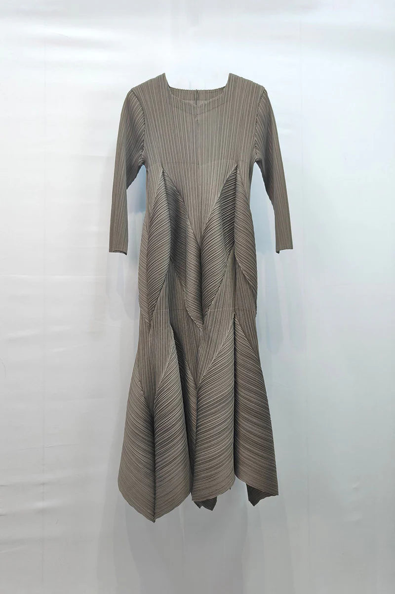 Pleated Long-Sleeve Midi Dress with Tulip Hem