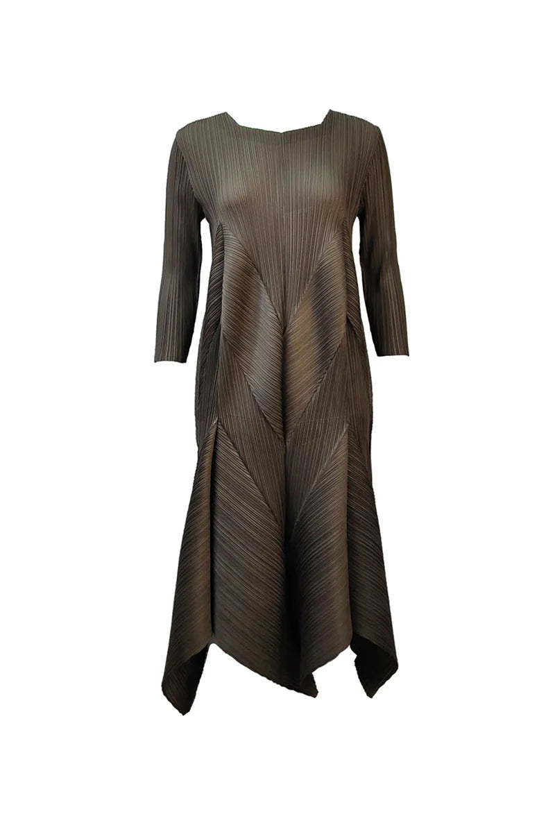 Pleated Long-Sleeve Midi Dress with Tulip Hem