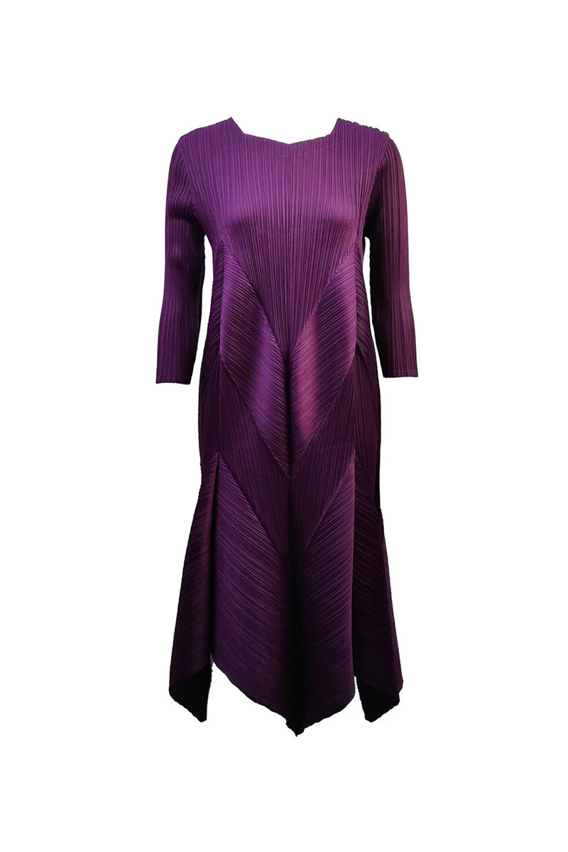 Pleated Long-Sleeve Midi Dress with Tulip Hem
