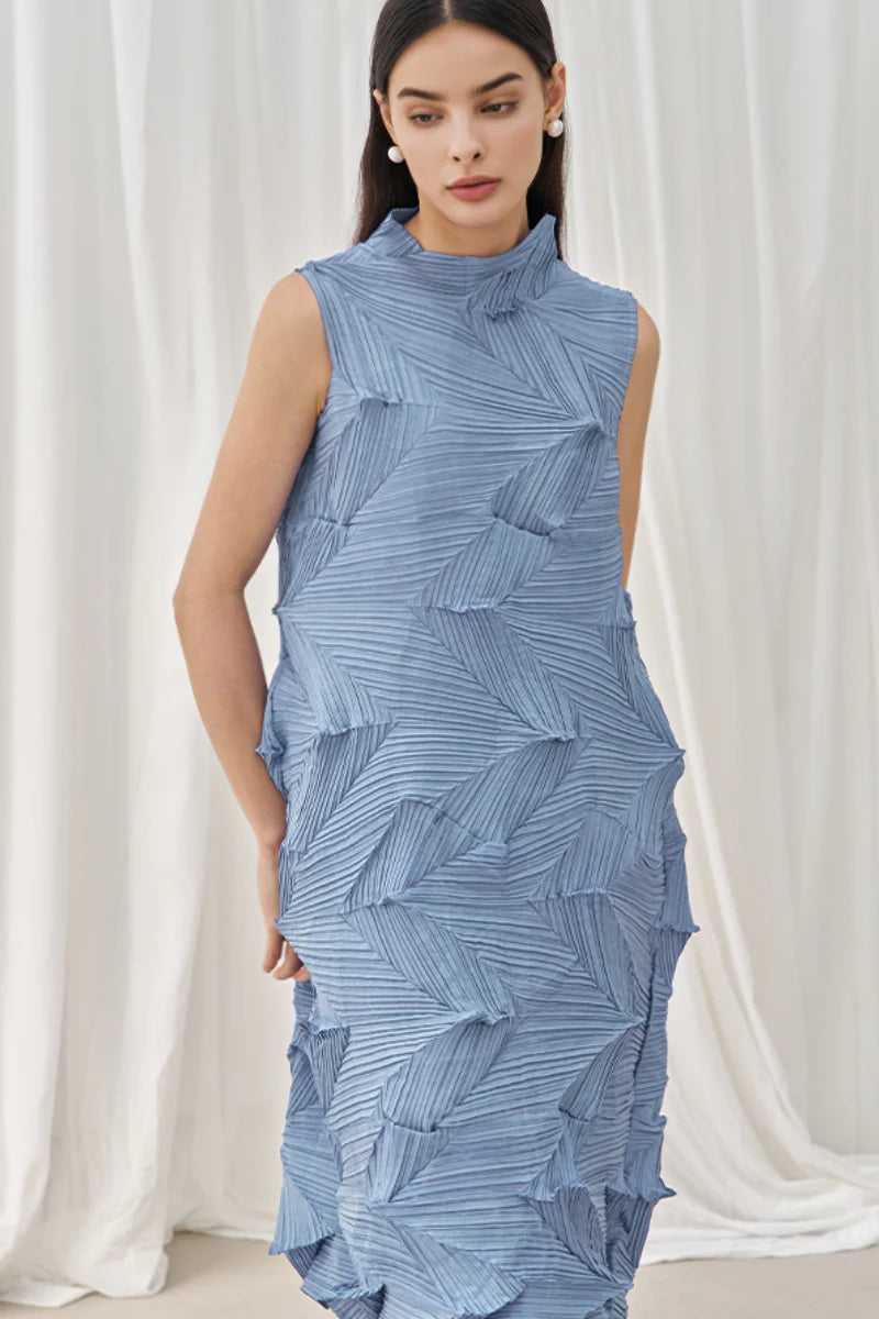 Designer Inspired Pleated Sleeveless Midi Dress in Blue