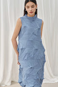 Designer Inspired Pleated Sleeveless Midi Dress in Blue