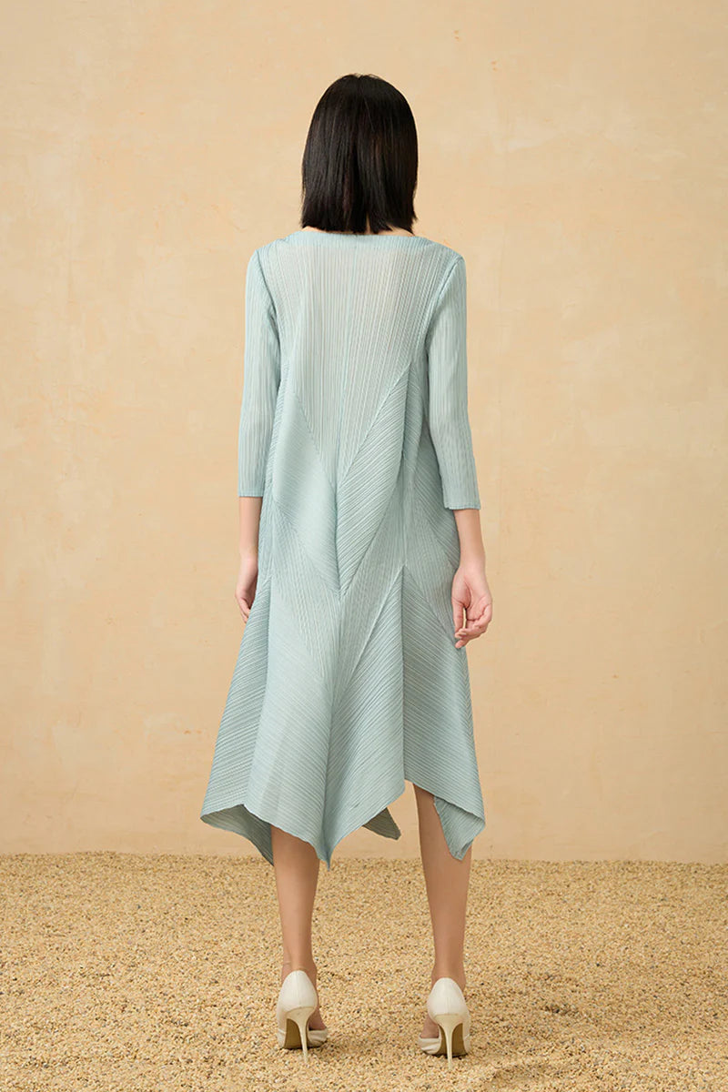 Pleated Long-Sleeve Midi Dress with Tulip Hem