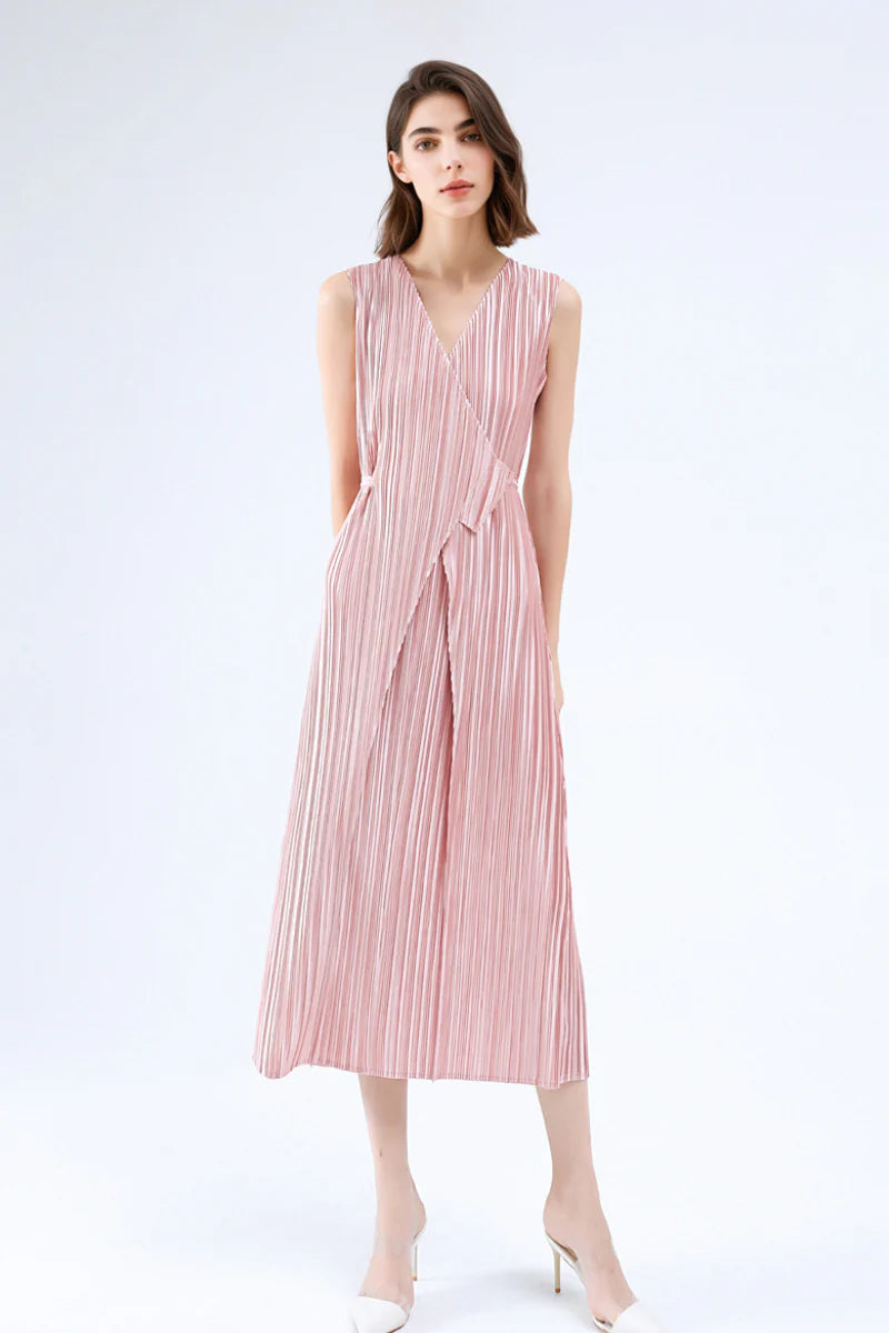 Designer Inspired Pleated Sleeveless Wrap Midi Dress in Pink
