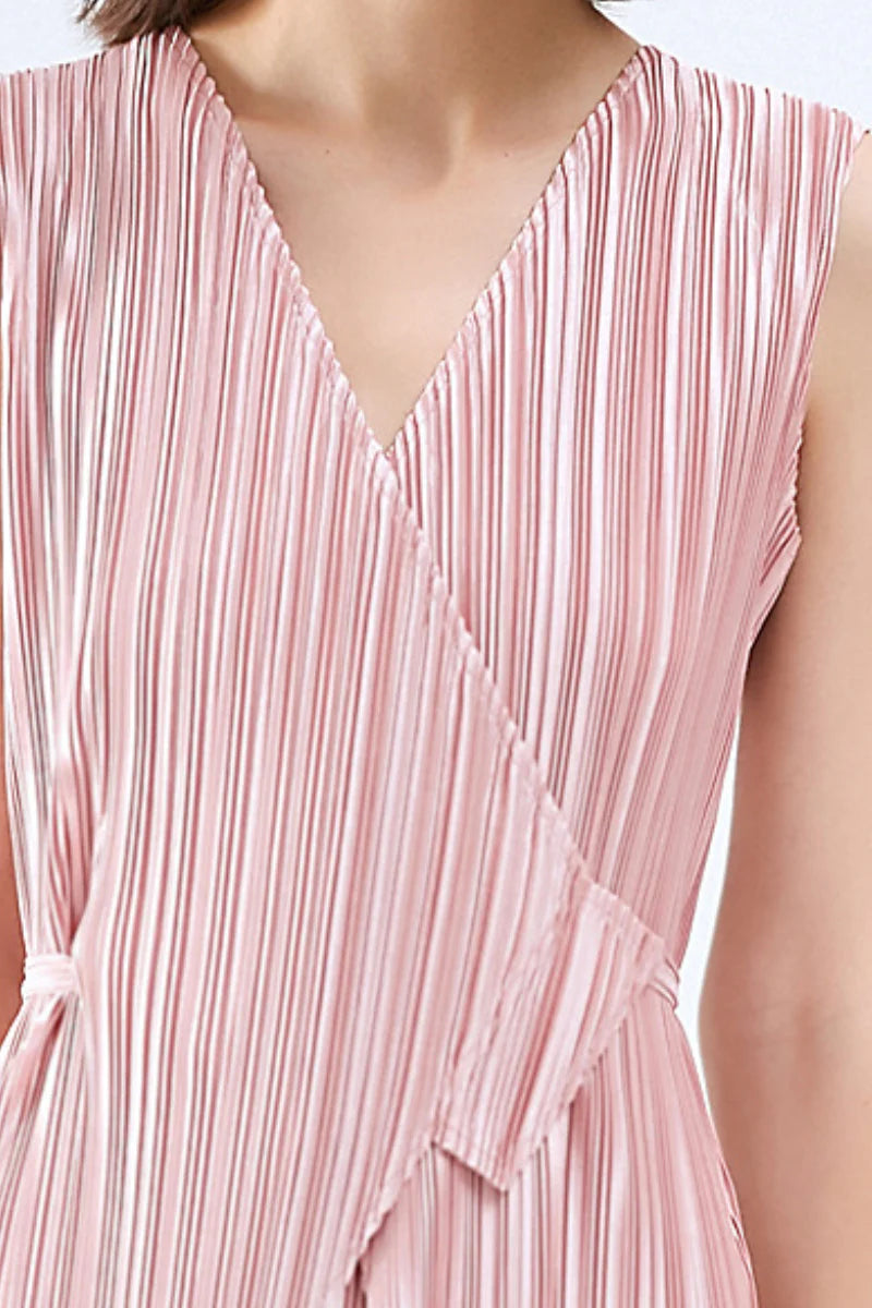 Designer Inspired Pleated Sleeveless Wrap Midi Dress in Pink